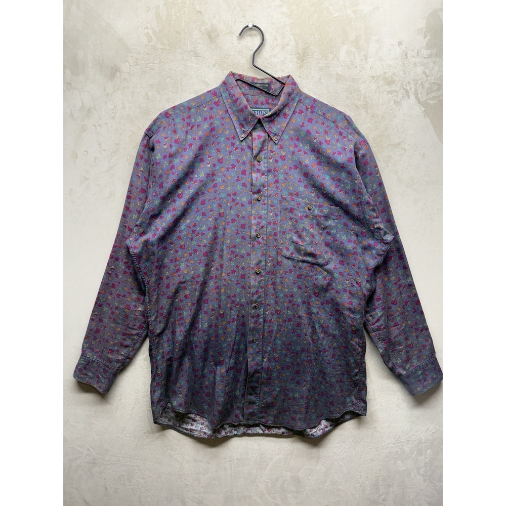 VTG Chaps Ralph Lauren Shirt Mens L Purple All Over Ivy Leaf Print Cotton Long S
